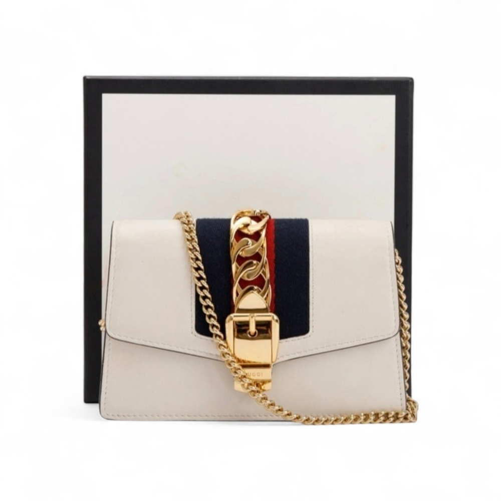 Gucci Sylvie Mini White Calfskin Leather Web Chain Shoulder Bag Gold Hardware
